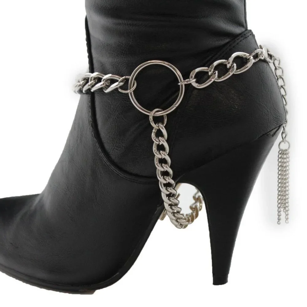 Women Silver Metal Boot Chain Bracelet Circle Back Tassel Shoe Charm Anklet - Picture 5 of 12
